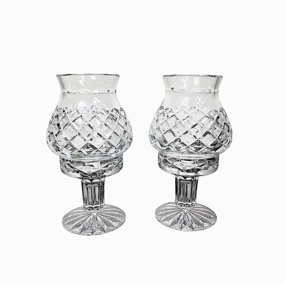 Vintage Set of 2 Hand Cut Crystal Hurricane Lamps, Two Piece Candle Holders